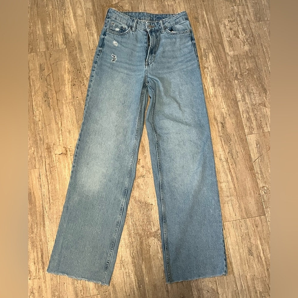 H&M Blue Ultra High Waist Wide Leg Jeans with Vintage Wash